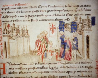 Alliansen mellom kong Karl VI av Frankrike og kommunen Firenze i 1396 - i «Croniche del Sercambi», cirka 1400. Nasjonalarkivet, Lucca.
