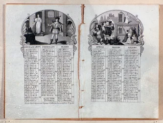 Årets almanakkkalender 1837 dekorerte scener av operaen La sonnambula, av Vincenzo Bellini