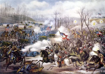 Amerikansk borgerkrig (1861 - 1865): Slaget ved Pea Ridge eller Elkhorn Tavern (Arkansas) 6. - 08. mars 1862. Gravering av 1800-tallet.