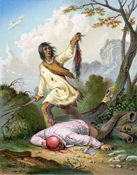 En amerikansk indianer holder en kniv og en skalp over en mann som ligger på gulvet. Gravering, ca. 1860.