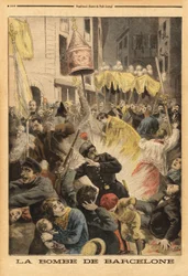 Anarkistisk angrep i Barcelona, bombeeksplosjon i prosesjonen som forlater kirken Santa Maria, street nuevos cambios. Gravering i "" Le petit journal"" 21.06.1896. Selvas samling.
