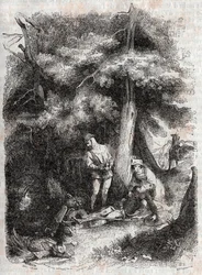 Angelique (Angelica) rescue Medor (Medoro) wesse - engraving of 1851 from “” Furious Roland”” (Orlando furioso) (16th century) by Ludovico Ariosto, known as the Ariosta - Edition translated from Italian by the Count of Tressan and published by Gustave Harv