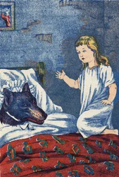 Anonym illustrasjon for "Den lille rødhette", fortelling av Charles Perrault (1628-1703), fransk forfatter. Bilder Marcel Vagne, Jarville Nancy, udatert (slutten av 1800-tallet).