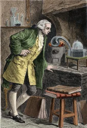Antoine Laurent Lavoisier (1743-1894), fransk kjemiker, undersøker oksygenets eksistens i luften: eksperiment der han fikk kvikksølvoksid - Lavoisier i laboratoriet sitt. Gravering fra 1800-tallet.