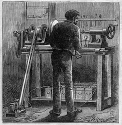 Application of Faure batteries: turn of a craftsman powered by the accumulator. Engraving in “” Le Monde Illustré””