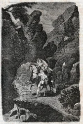 Argie angrepet etter ordre fra brudgommen hans - gravering av 1851 fra "" Furious Roland"" (Orlando furioso) (1500-tallet) av Ludovico Ariosto, kjent som Ariosta - Utgave oversatt fra italiensk av greven av Tressan og utgitt av Gustave Harvar