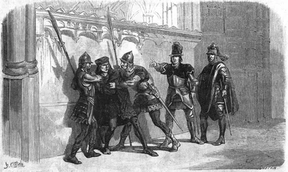 Arrest of the basard of Rubempre under the regne of Louis XI. Engraving of the 19th century.