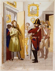 Arrestasjon av patrioten Federico Confalonieri (1785-1846), av italienske tropper. Gravering av Museo del Risorgimento fra 1800-tallet, Roma