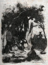 Arrival of Rodomont and Mandricard to the fountain of Merlin - engraving of 1851 from “” Roland furieux”” (Orlando furioso) (16th century) by Ludovico Ariosto, known as the Ariosta - Edition translated from Italian by the Count of Tressan and published by 