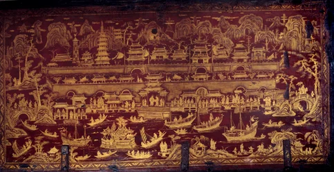 Portugisernes ankomst til Nanjing (Nanjing eller Namquin), Kina. Lokk til en eske malt med rød og gyllen farge. 17. århundre. Porto, Nasjonalmuseet