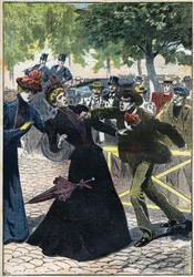 Attentatet på keiserinne Elisabeth av Østerrike (Sissi) utført av den italienske anarkisten Luigi Lucheni i Genève i 1898. Illustrasjon fra 1898. Privat samling - Attentatet på keiserinne Elisabeth av Østerrike (Sissi) utført av den italienske anarkisten