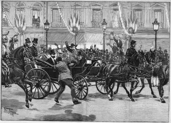 Attentatet på republikkens president Sadi Carnot (1837-1894), begått av anarkisten Caserio. 24. juni 1894.