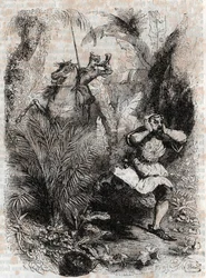 Astolphe får Caligorant til å flykte - 1851 gravering fra "" Furious Roland"" (Orlando furioso) (1500-tallet) av Ludovico Ariosto, kjent som Ariosto - Edition oversatt fra italiensk av greven av Tressan og utgitt av Gustave Harvard 1851