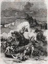 Astolfo jager morderiske kvinner på flukt - gravering fra 1851 etter «Den rasende Orlando» (Orlando furioso) (1500-tallet) av Ludovico Ariosto, kjent som Ariosto - utgave oversatt fra italiensk av greven av Tressan og utgitt av Gustave Harvard i 1851