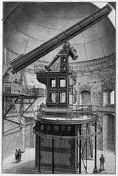 Astronomiske briller av Janssen, medlem av instituttet, direktør for Observatory for Physical Astronomy i Meudon. Gravering i "" La Nature: revue des sciences et de leurs applications aux arts et a l