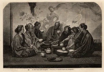 Ved middagen til en borgerlig familie samles menn på tatami, rundt små kaffebord, spiser ris i en individuell bolle og serverer kjøtt og grønnsaker i en felles rett, mens de drikker te, serverer to kvinner tjenesten. Gravering for å illustrere reisen til J