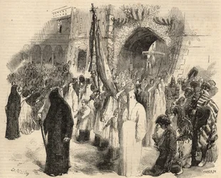 Forsoningsprosesjon for opphør av gul feber i Lisboa, Portugal i 1857. Gravering i «Le Monde illustrious»» fra 1857. Privat samling.