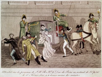 Angrep på hertugen av Berry av Louis Pierre Louvel når han forlot operaen 13. februar 1820. Gravering 1800-tallet.