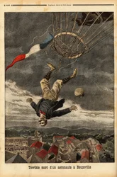 Ballongulykke i Beuzeville, etter tap av gass, mistet luftfarten kontrollen og falt fra ballongen hans, der han hadde gått ombord uten nacelle. Gravering i “” Le petit journal”” 30/7/1899. Selva samling.
