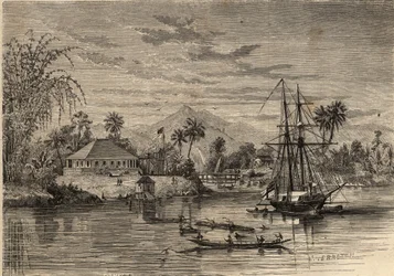 Bangalow, hjemmet til Sir James Brooke, kjent som Rajah of Sarawak (1803-1868) britisk eventyrer første hvite rajah av Sarawak i nærheten av Sarawak (Borneo). Gravering i “Le Monde illustrious”” fra 1857. Privat samling.