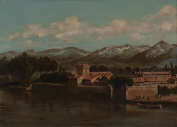 Banks of the Isère i Grenoble, fjellutsikt 1864 (Olje på lerret)