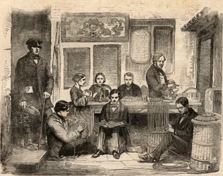 Basketry and Reading Workshop for the Blind lokalisert på Euston Road i London og organisert av Association for Promoting the General Welfare of the Blind, en forening for å hjelpe blinde med å finne arbeid. Gravering i "" The illustrated London News"" av 