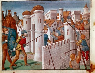 Slag ved foten av vollene til en miniatyrby hentet fra "The Facts of the Romans"" som forteller om livet til de tolv Cesar. Venezia fra 1200-tallet, biblioteca Marciana