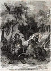 Slaget mellom Roland og Ferragus - gravering av 1851 fra "" Furious Roland"" (Orlando furioso) (1500-tallet) av Ludovico Ariosto, kjent som Ariosta - utgave oversatt fra italiensk av greven av Tressan og utgitt av Gustave Harvard 1851