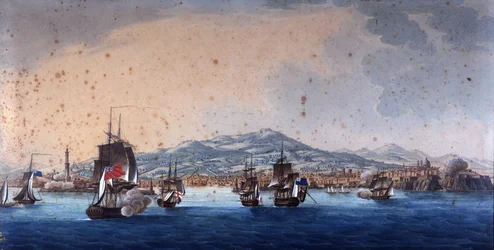 Kamp i Genes Harbour mellom franske og engelske skip. Andre Massena driver Genes hovedkvarter. Anonymt maleri fra 1800-tallet. Museo Navale de Genova Pegli.