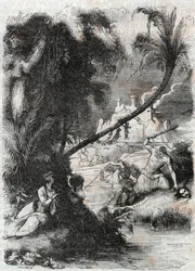 Slaget ved Griffon og Aquilant mot Orrile - gravering av 1851 fra "" Furious Roland"" (Orlando furioso) (1500-tallet) av Ludovico Ariosto, kjent som Ariosta - utgave oversatt fra italiensk av greven av Tressan og utgitt av Gustave Harvard