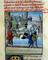Slaget ved Knights Palamede og Artus. Miniatyr i "" Roman Du Grail""