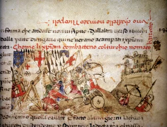Slaget ved Nikopolis: de kristnes nederlag ved Bayezid I (Tyrkia) den 28/09/1396, i «Croniche del Sercambi», cirka 1400. Statsarkivet, Lucca.