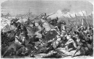 Battle of Ravenna (Italy), death of Gaston of Foix Duke of Nemours (1489-1512) on 11 April 1512. Engraving of the 19th century.