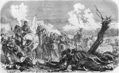 Slaget ved Saint Quentin i 1557, en episode av den lange krigen som motsetter seg kongeriket Frankrike og Spania. Gavure på 1800-tallet.