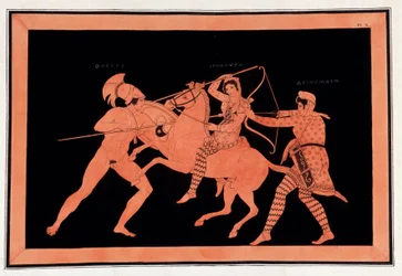 Battle of the Amazons Hyppolyte and Deinomache against Thesee - "" Malerier av eldgamle vaser, ofte kalt etrusker", fra forskjellige samlinger og gravert av A. Clener, ledsaget av forklaringer av A.L. Millen. Av Dubois-Maisonneuve. Maiso bibliotek