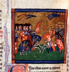 Slaget mellom krigere på hesteryggen mot Amazons miniatyr fra manuskriptet "" Ancient History to Cesar"", av Saint John of Acre