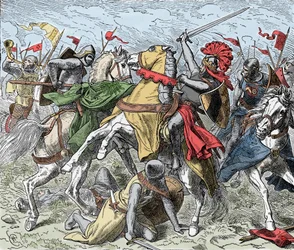 Battle on the Elster: Rudolf of Swabia Mortally Wounded - Revolt of the Saxons (1073-1075): Rodolph of Rheinfelden (ca. 1025-1080), Duke of Swabia og antiking av romerne blir dødelig såret i et slag nær Elster, mot troppene til Henrik IV av