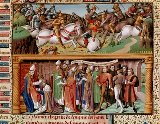 Kampscene og kroning av keiser Lothar II av Supplinburg (eller Lothar III av Det hellige riket, keiser av Det tysk-romerske riket) (1075-1137). Miniatyr i «Le Miroir historial» (Speculum Historiale) (ms. 1196, fol. 245r) av Vincent av Beauvais (11
