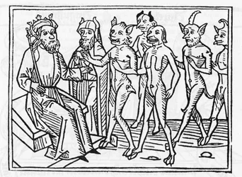 Belials rettssak: «Demonen Belial, ledsaget av fire andre demoner, trer fram for dommer Salomo.» «Gravering fra ‘Belials rettssak’ av Jacobus de Teramo (eller Palladino), Augsburg»