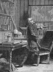 Benjamin Franklin i fysikklaboratoriet sitt i Philadelphia. I "Album of Science"", Editions Jouvet
