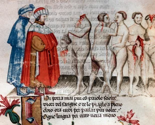 Bertrand de Born holder sitt halshuggede hode (sang 28 fra helvete, i den guddommelige komedie) - miniatyr 1400-tallet,