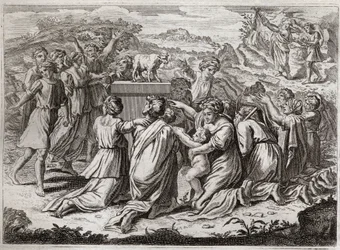 Bibelen til Royaumont, Det gamle testamente: Tilbedelse av gullkalven. Da Moses så hebreerne og gullkalven, bryter han lovens tabeller. Illustrasjon fra 1811.