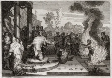 Bible of Royaumont, Old Testament: Ahaz Unholy King. The wicked Ahaz, King of Judah, irritates God, and is delivered to the enemies. Illustration from 1811.