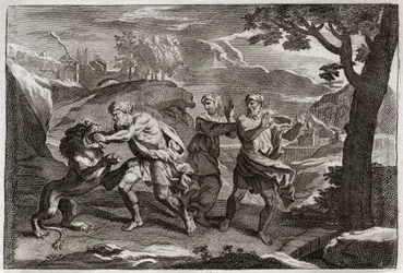 Bibelen til Royaumont, Det gamle testamente: Samsons fødsel. Samson river en løve i stykker. Illustrasjon fra 1811.