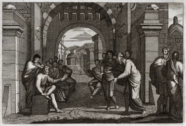 Bibelen til Royaumont, Det gamle testamente: Boaz (Booz), nær slektning av Ruth, kone i henhold til lovens ordinans. Illustrasjon fra 1811.