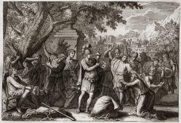 Bibelen til Royaumont, Det gamle testamente: Josephs brødre. Josef får brødrene sine i fengsel. Illustrasjon fra 1811.