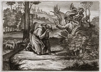 Bibelen til Royaumont, Det gamle testamente: Brennende busk. Gud taler til Moses midt i en brennende busk. Illustrasjon fra 1811.
