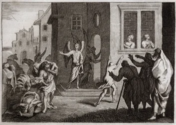 Bibelen til Royaumont, Det gamle testamente: Sodomittenes forbrytelser. Loth tar imot engler i huset sitt. Sodomittene (Sodoma) ønsker å utøve vold mot dem. Englene slår dem blindt. Illustrasjon fra 1811.