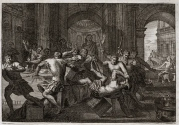 Bibelen til Royaumont, Det gamle testamente: Amnons død. Når Absalom (eller Avshalom, Absalon) blir forsonet med David, får broren hans Amnon (Ammon) til å flykte til en fest. David blir tvunget til å flykte fra Jerusalem, og lider denne forfølgelsen med e