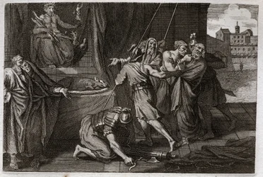 Bible of Royaumont, Old Testament: Death of Eleazar. The old saint Eleazar was killed by order of Antiochos IV Epiphane (175-164 BC), because he did not want to pretend to eat defended meats. Illustration from 1811.